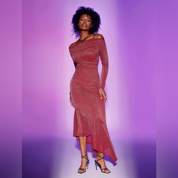 Popilush Shapewear Metallic Knit Long Sleeve Slim Mermaid Maxi Dress - Picture 2 of 12